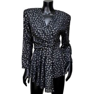 Leger Vintage 80s 90s Black Silver Metallic Oval Print Wrap Peplum Blouse